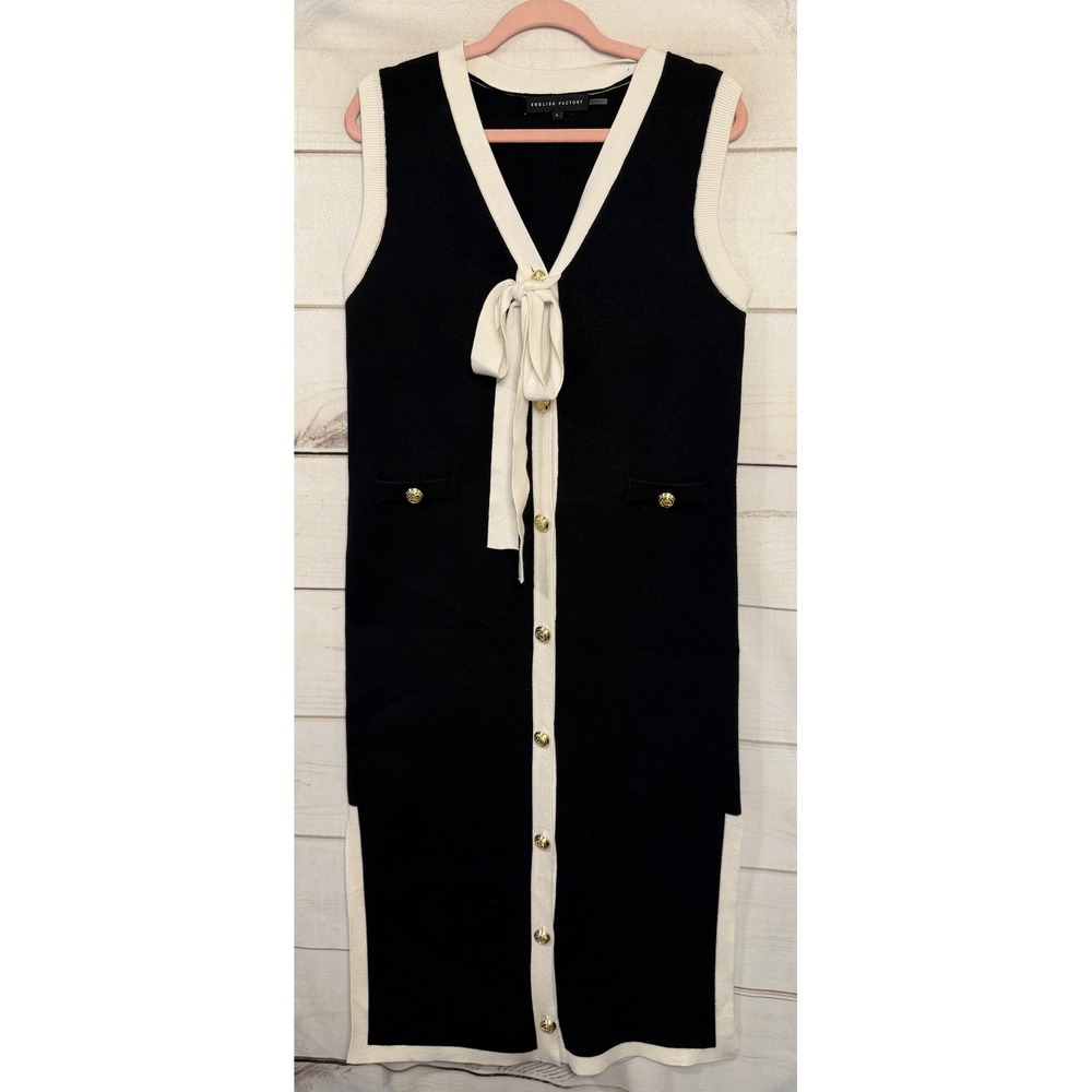 English Factory Black and Cream Sleeveless Button-Front Knit Dress with Tie